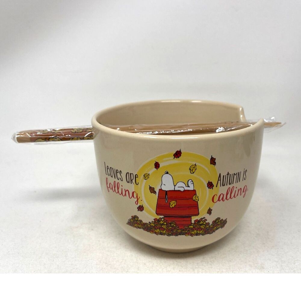 Peanuts Snoopy & Woodstock Ceramic Noodle Bowl &Chopsticks Autumn is Calling NEW